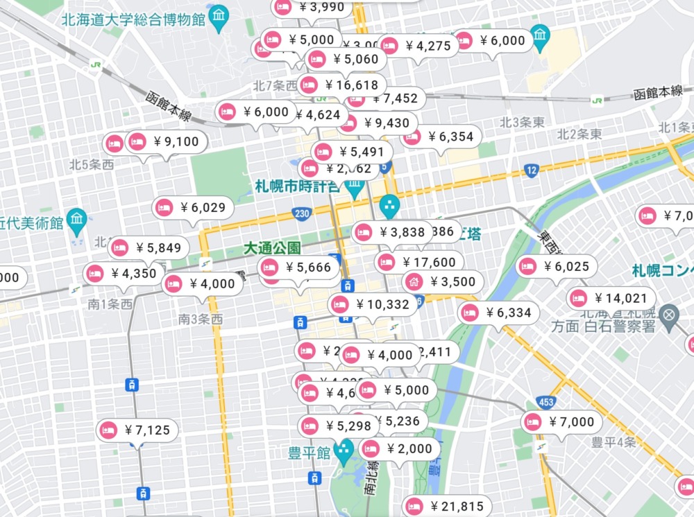 札幌市内のホテルの地図